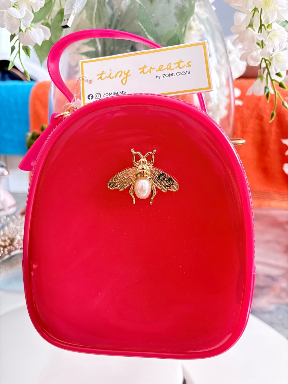 Glossy Hot Pink Mini Handbag with Gold Bee Accent